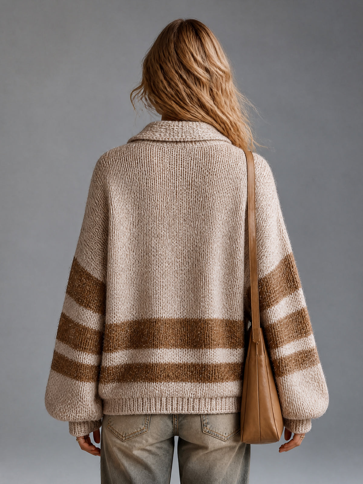 ElevenOra Chic Casual Camel-Brown Colorblock Stripes Lapel V-Neck Long-Sleeve Loose-Fit Wool Blend Knit Sweater