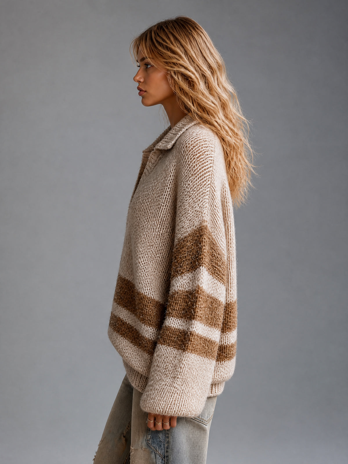 ElevenOra Chic Casual Camel-Brown Colorblock Stripes Lapel V-Neck Long-Sleeve Loose-Fit Wool Blend Knit Sweater