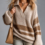ElevenOra Chic Casual Camel-Brown Colorblock Stripes Lapel V-Neck Long-Sleeve Loose-Fit Wool Blend Knit Sweater