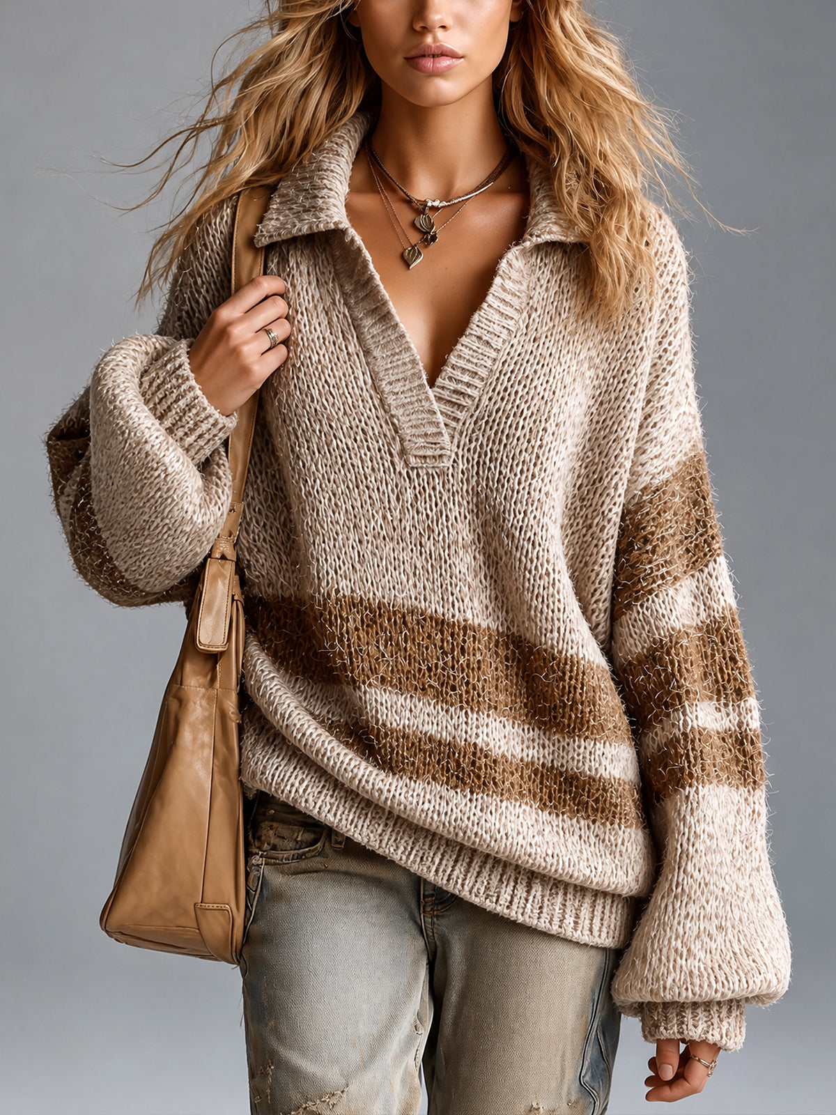 ElevenOra Chic Casual Camel-Brown Colorblock Stripes Lapel V-Neck Long-Sleeve Loose-Fit Wool Blend Knit Sweater