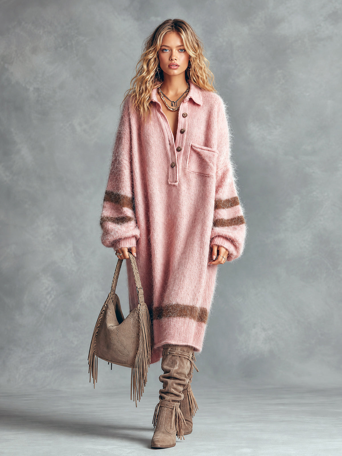 ElevenOra Chic Casual Pink Button-Up Lapel-Collar Long-Sleeve Brown Stripes Detail Oversized Mohair Blend Knit Midi Dress