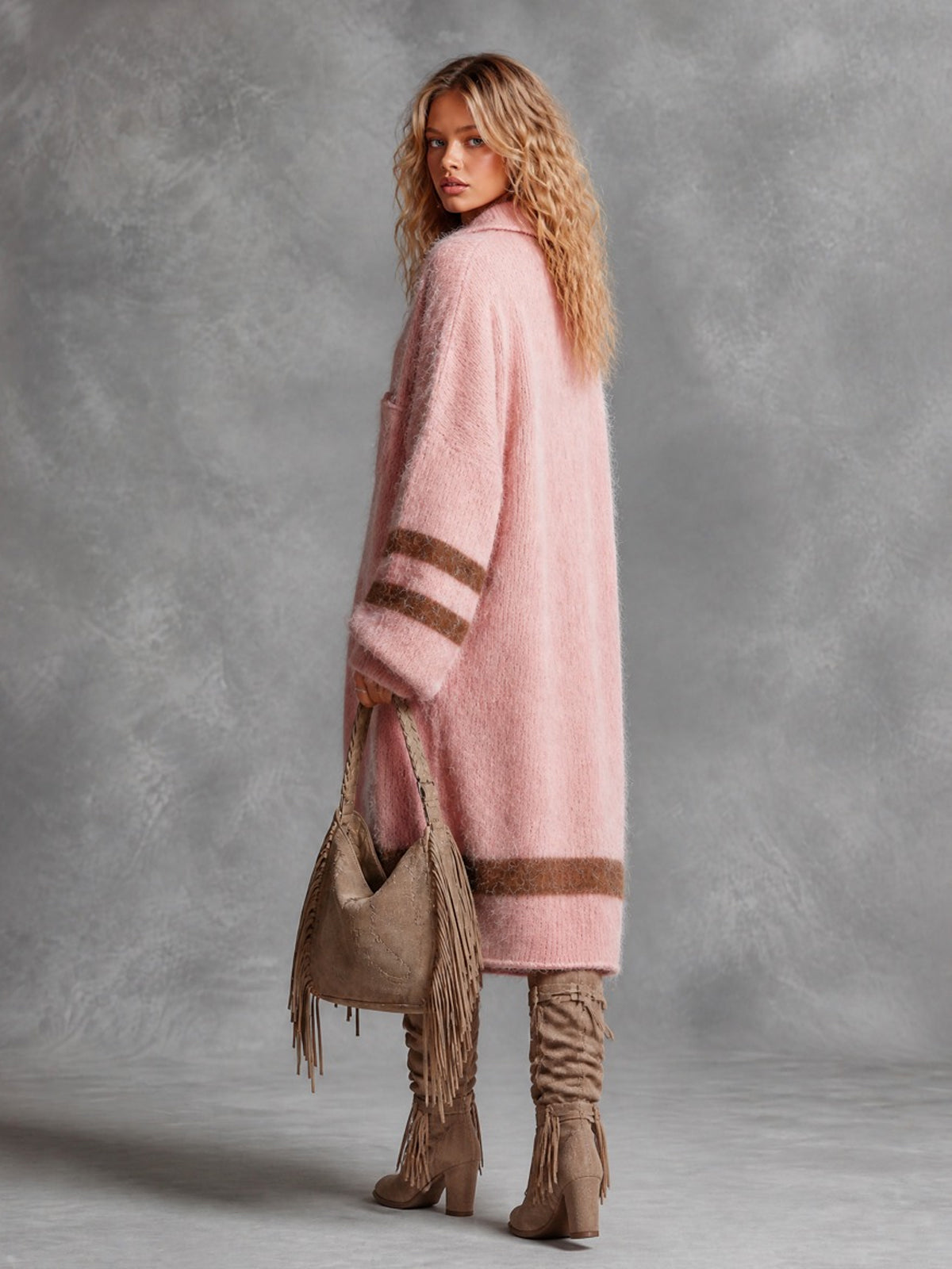 ElevenOra Chic Casual Pink Button-Up Lapel-Collar Long-Sleeve Brown Stripes Detail Oversized Mohair Blend Knit Midi Dress