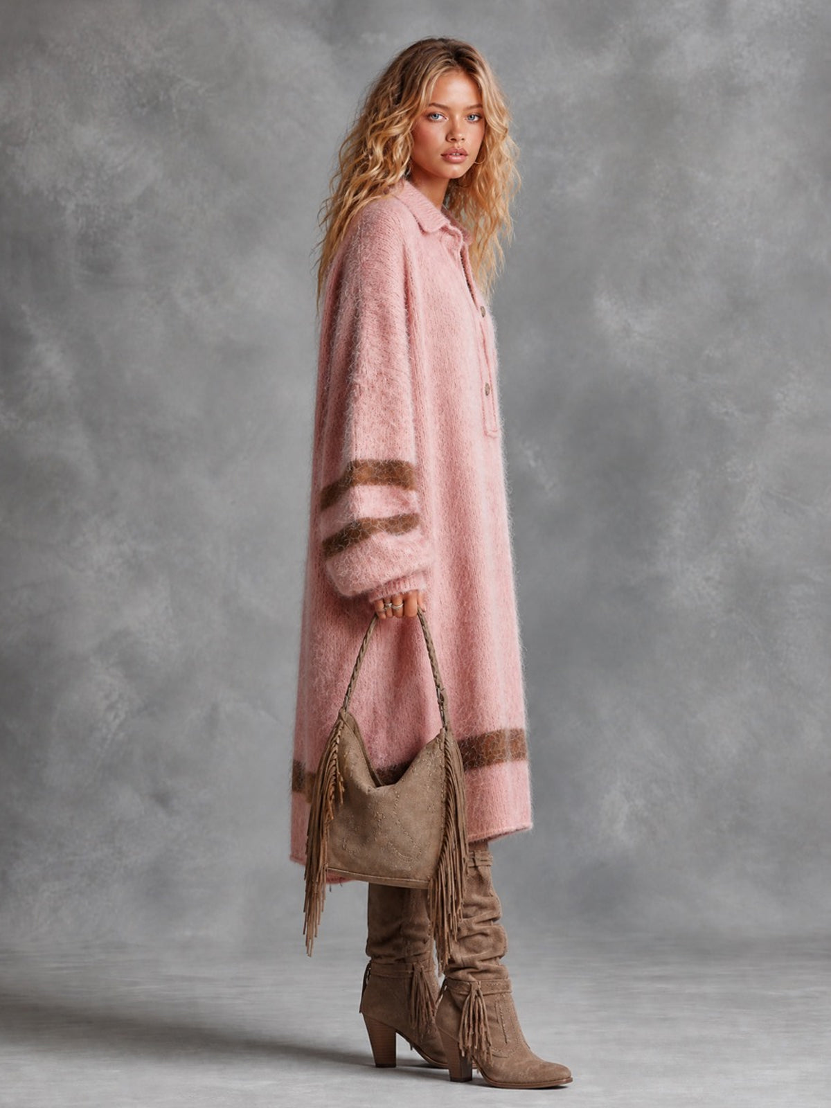 ElevenOra Chic Casual Pink Button-Up Lapel-Collar Long-Sleeve Brown Stripes Detail Oversized Mohair Blend Knit Midi Dress