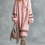 ElevenOra Chic Casual Pink Button-Up Lapel-Collar Long-Sleeve Brown Stripes Detail Oversized Mohair Blend Knit Midi Dress