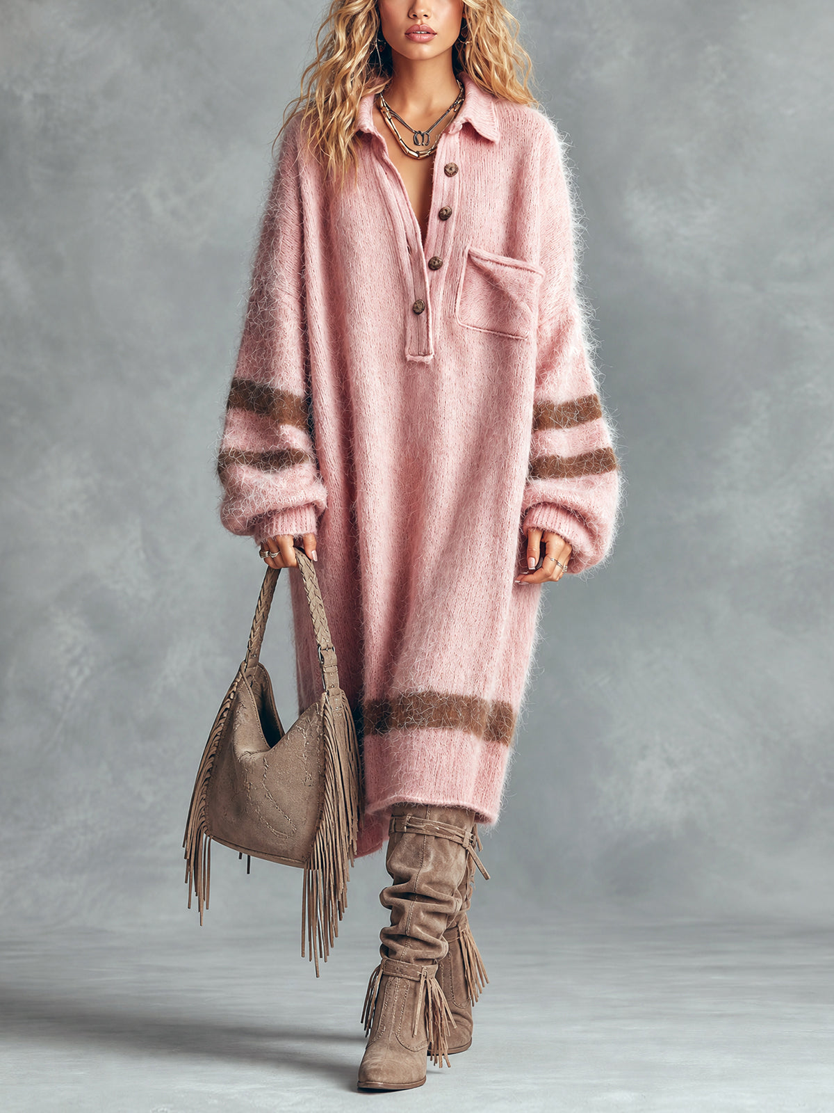 ElevenOra Chic Casual Pink Button-Up Lapel-Collar Long-Sleeve Brown Stripes Detail Oversized Mohair Blend Knit Midi Dress