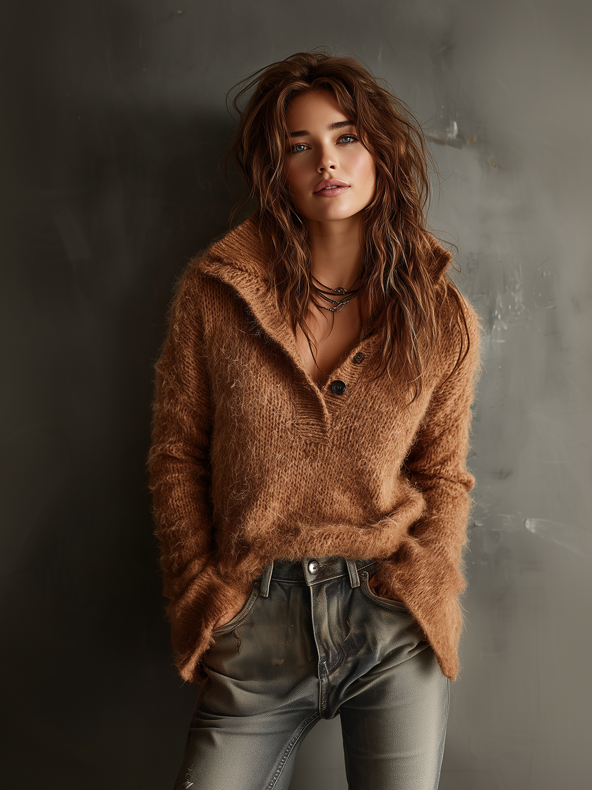 ElevenOra Chic Casual Brown Stand Collar Button-Front Flared Long-Sleeve Loose-Fit Fuzzy Knit Sweater