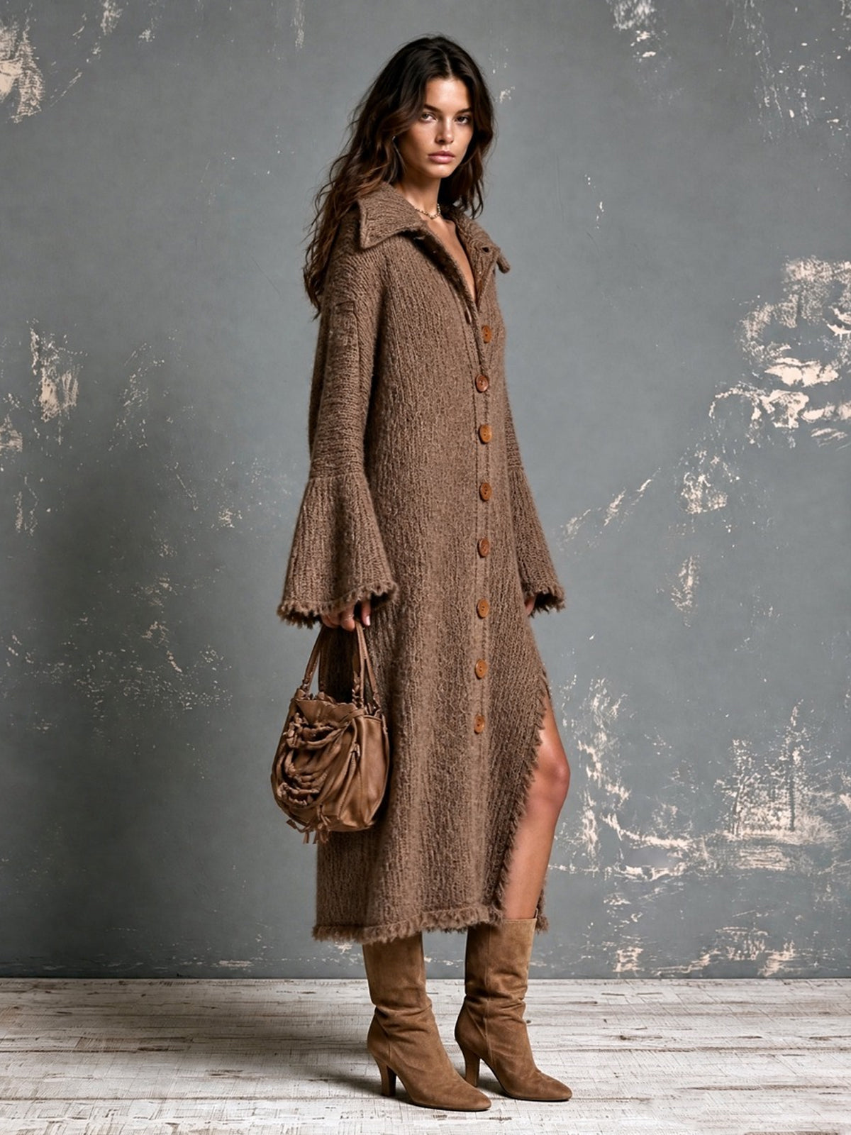 ElevenOra Chic Elegant Brown Lapel-Collar Single-Breasted Long-Flare-Sleeve Raw Edge Detail Side-Slit Loose-Fit Wool Blend Knit Maxi Dress