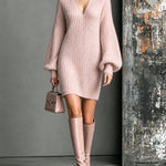 ElevenOra Chic Elegant Pink Stand Collar V-Neck Dropped-Shoulder Long-Lantern-Sleeve H-Shaped Wool Blend Knit Mini Dress