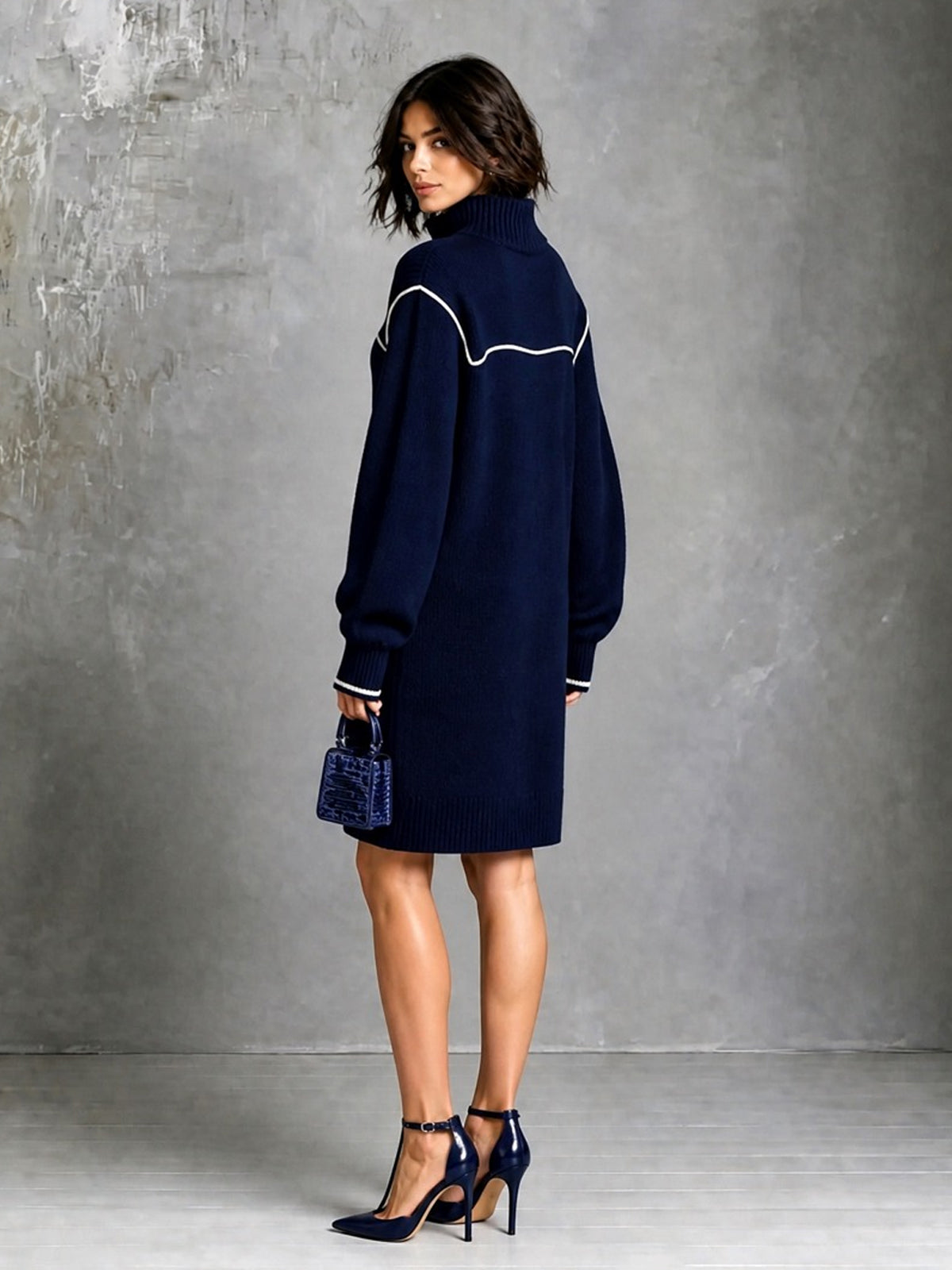 ElevenOra Chic Elegant Navy Blue Zipper-Up Stand Collar Long-Sleeve White Trim Detail Loose-Fit Wool Blend Knit Mini Dress