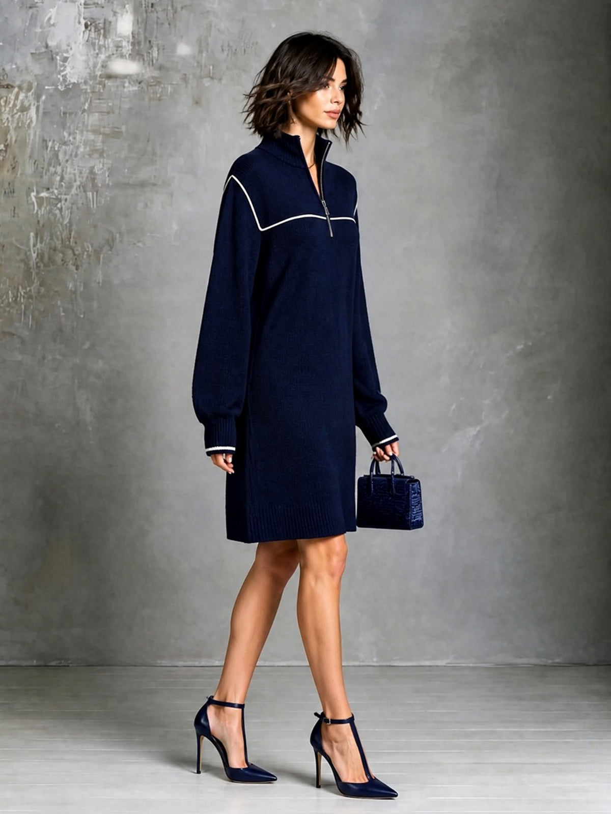 ElevenOra Chic Elegant Navy Blue Zipper-Up Stand Collar Long-Sleeve White Trim Detail Loose-Fit Wool Blend Knit Mini Dress