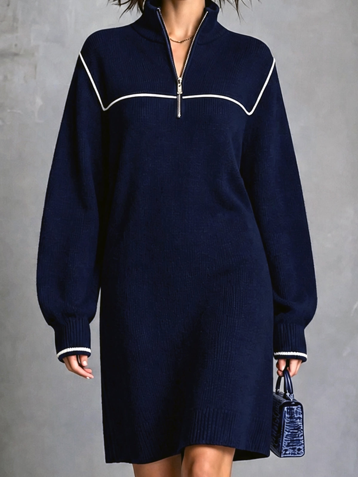 ElevenOra Chic Elegant Navy Blue Zipper-Up Stand Collar Long-Sleeve White Trim Detail Loose-Fit Wool Blend Knit Mini Dress