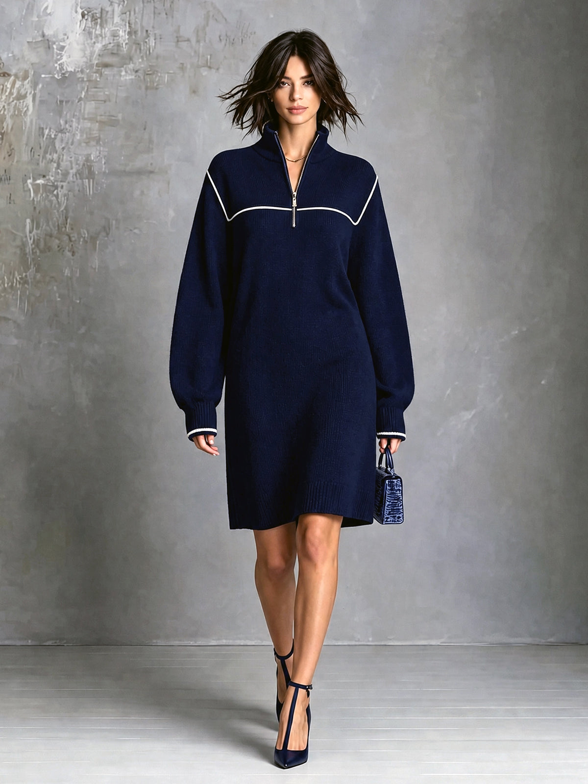 ElevenOra Chic Elegant Navy Blue Zipper-Up Stand Collar Long-Sleeve White Trim Detail Loose-Fit Wool Blend Knit Mini Dress