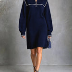 ElevenOra Chic Elegant Navy Blue Zipper-Up Stand Collar Long-Sleeve White Trim Detail Loose-Fit Wool Blend Knit Mini Dress