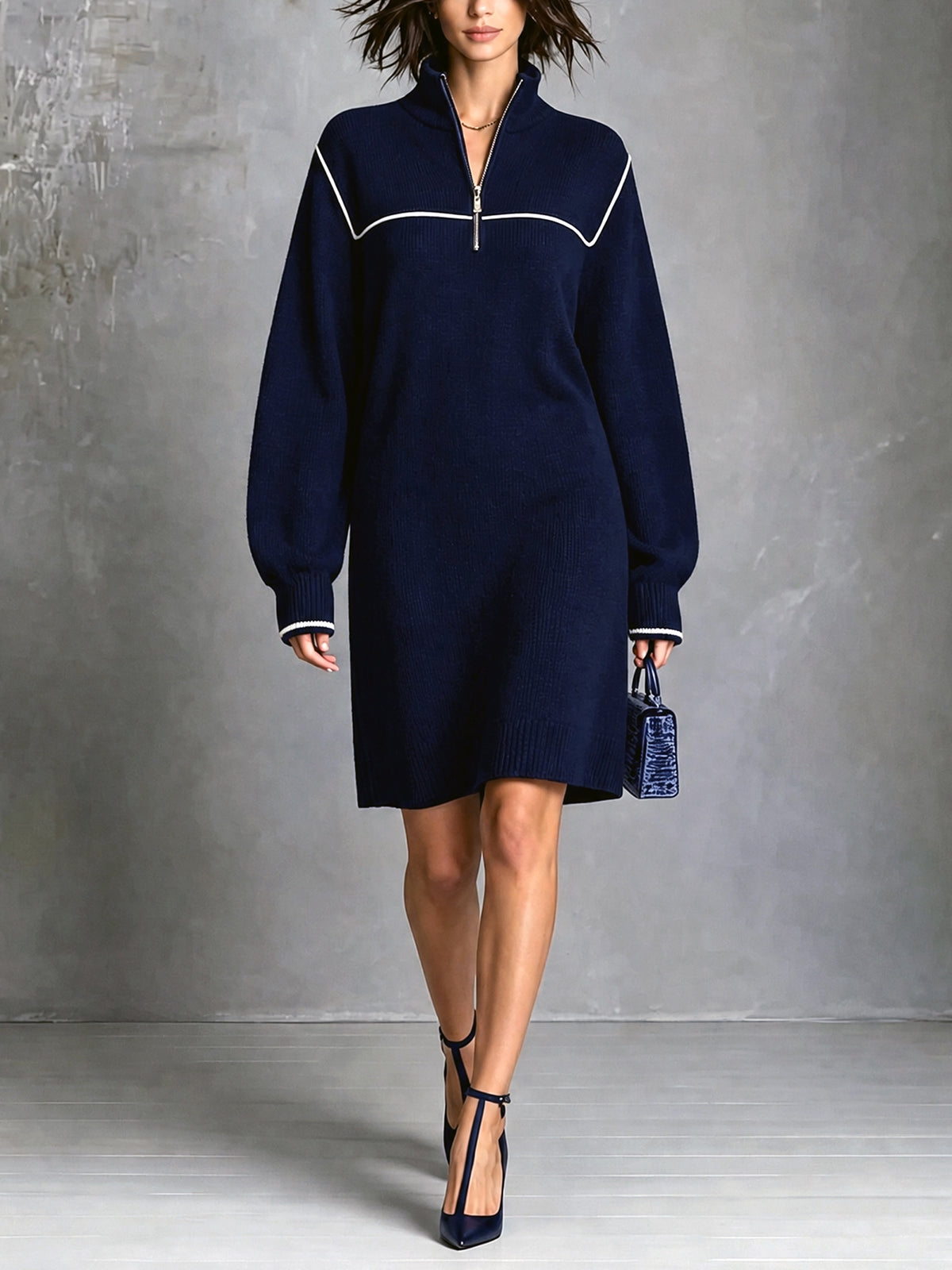 ElevenOra Chic Elegant Navy Blue Zipper-Up Stand Collar Long-Sleeve White Trim Detail Loose-Fit Wool Blend Knit Mini Dress