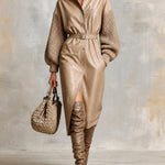 ElevenOra Chic Elegant Light Brown Lapel Single-Breasted Knit Patchwork Lantern-Sleeve Belted Patch Pocket Detail Loose-Fit PU Midi Dress