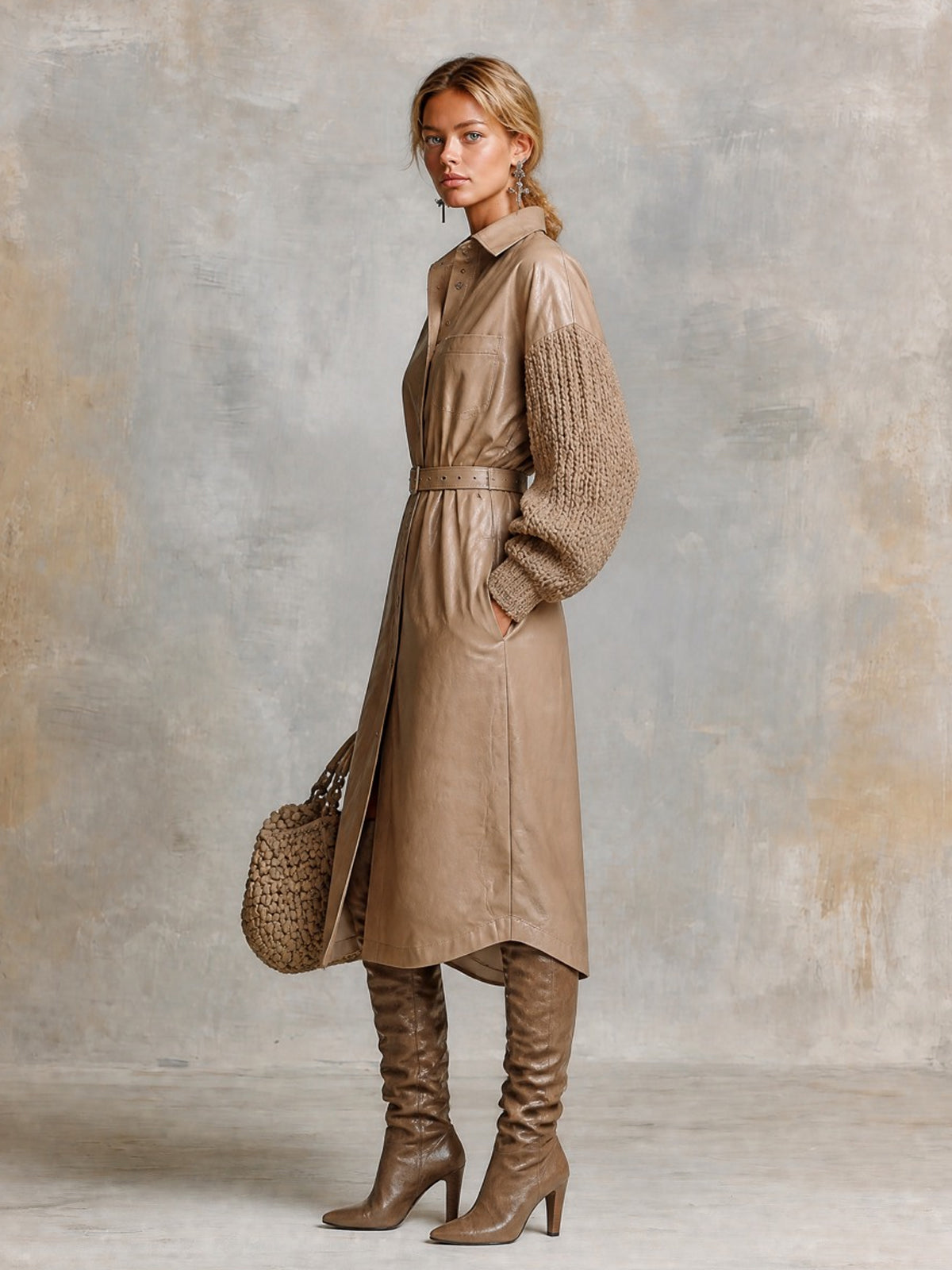 ElevenOra Chic Elegant Light Brown Lapel Single-Breasted Knit Patchwork Lantern-Sleeve Belted Patch Pocket Detail Loose-Fit PU Midi Dress