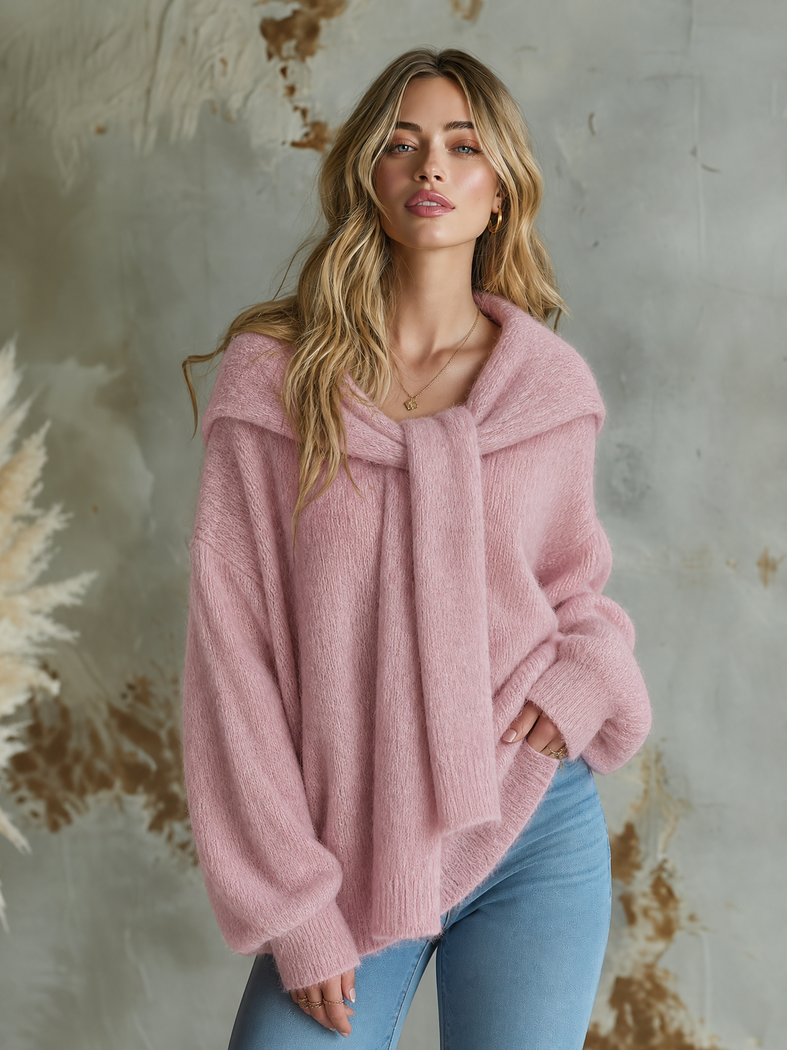 ElevenOra Chic Casual Dusty Pink Detachable Scarf Collar Dropped-Shoulder Long-Sleeve Loose-Fit Fuzzy Knit Sweater