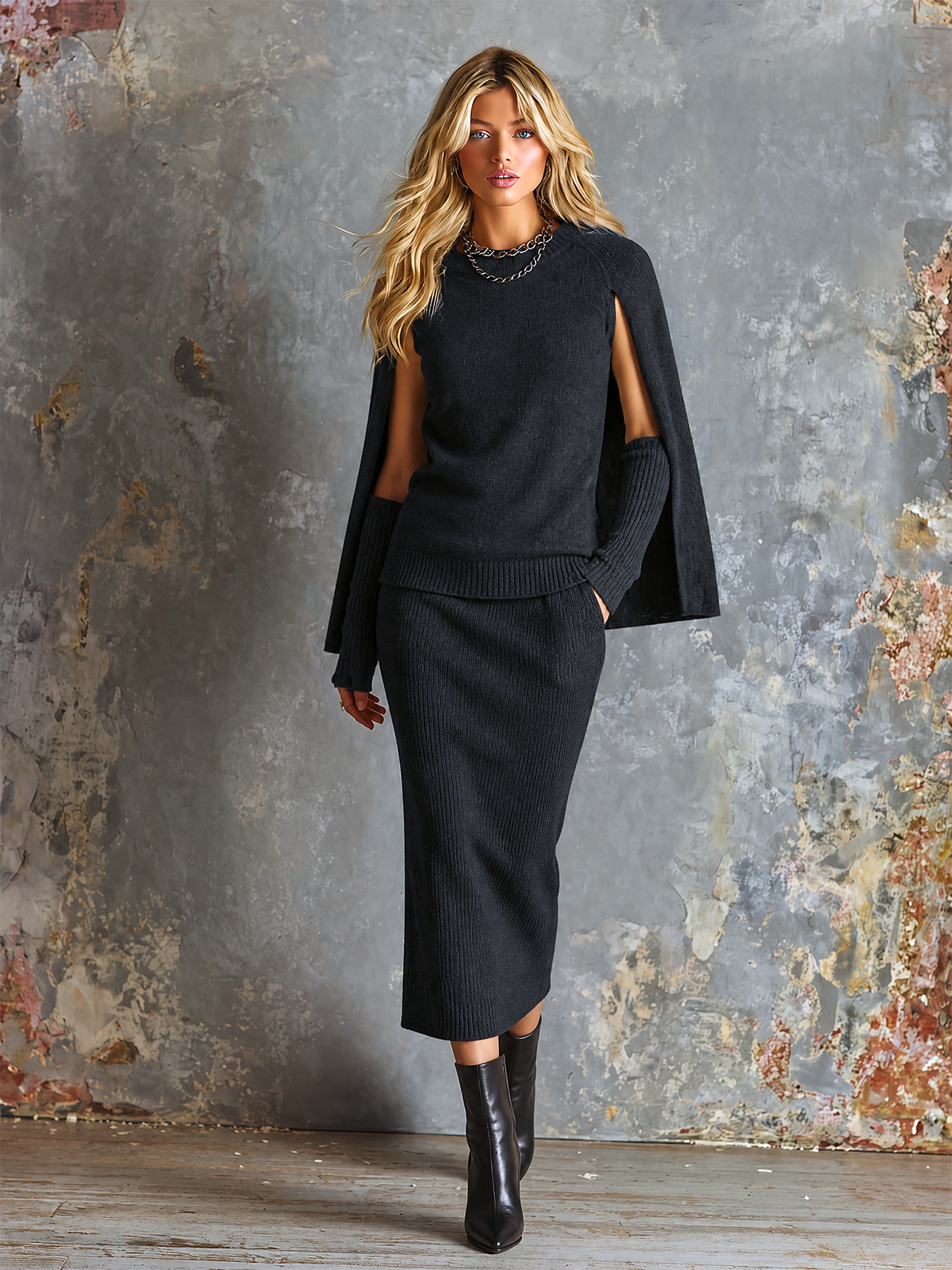 ElevenOra Chic Elegant Black Round-Neck Cape Sleeve Detached Cuffs Slim-Fit Midi Skirt Knit Two-Piece Set