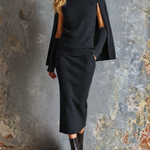 ElevenOra Chic Elegant Black Round-Neck Cape Sleeve Detached Cuffs Slim-Fit Midi Skirt Knit Two-Piece Set