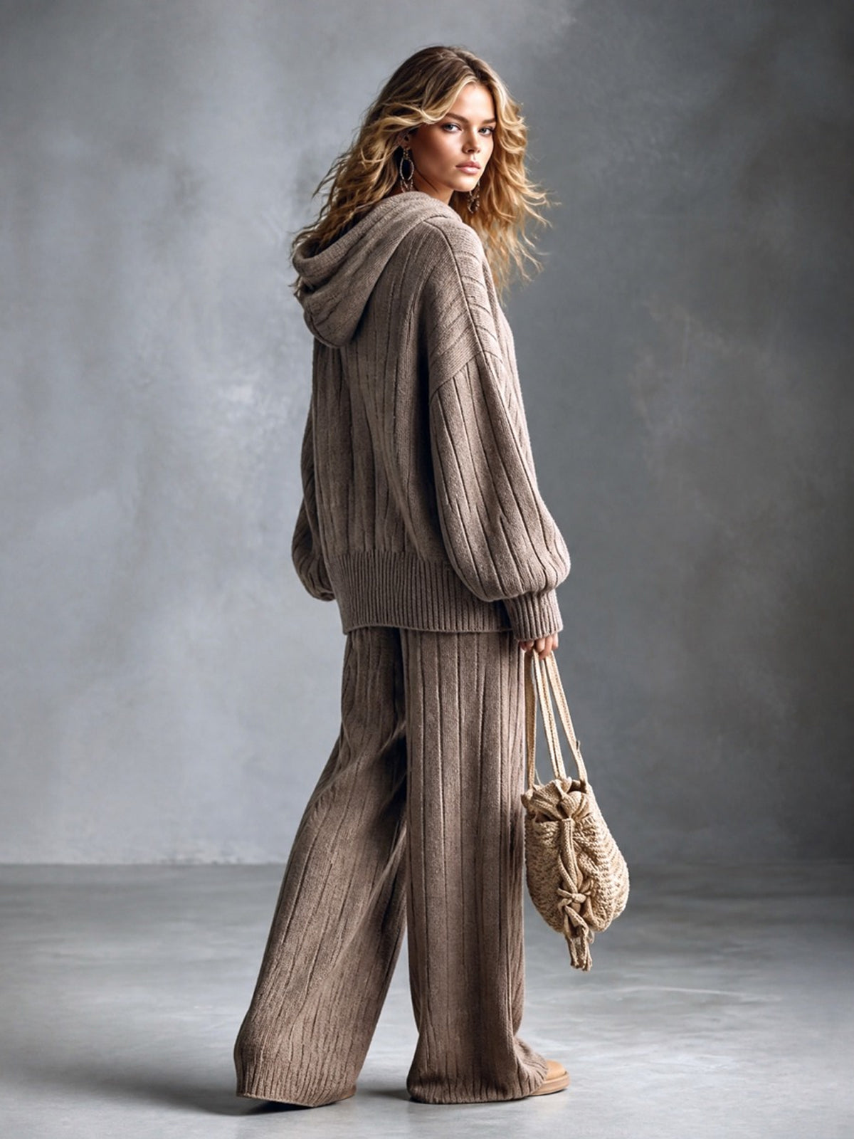 ElevenOra Chic Elegant Light Brown Hooded Long-Sleeve Oversized Sweater Elastic-Waist Wide-Leg Pants Wool Blend Ribbed Knit Two-Piece Set