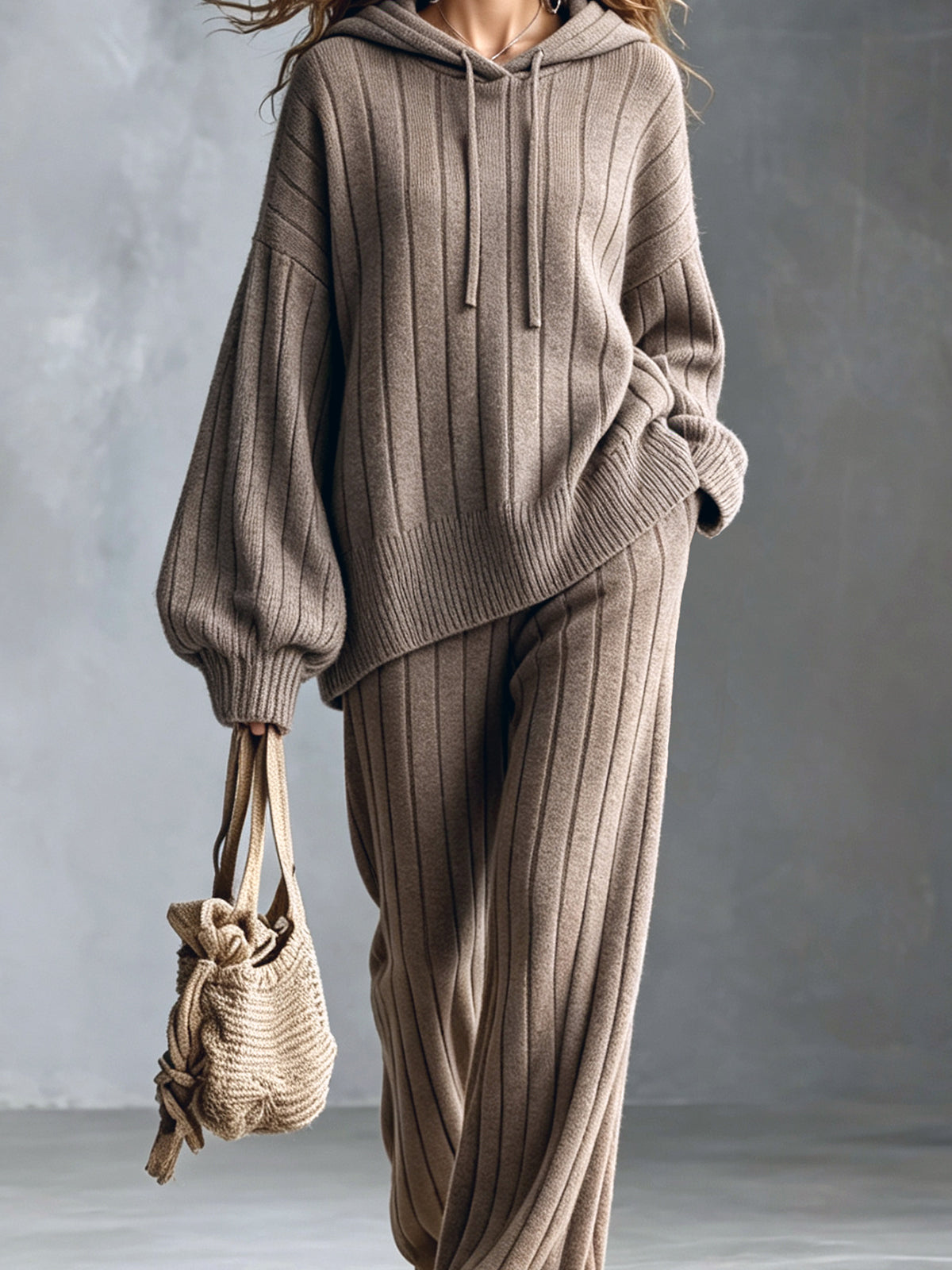 ElevenOra Chic Elegant Light Brown Hooded Long-Sleeve Oversized Sweater Elastic-Waist Wide-Leg Pants Wool Blend Ribbed Knit Two-Piece Set