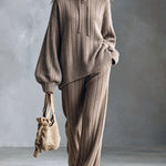 ElevenOra Chic Elegant Light Brown Hooded Long-Sleeve Oversized Sweater Elastic-Waist Wide-Leg Pants Wool Blend Ribbed Knit Two-Piece Set