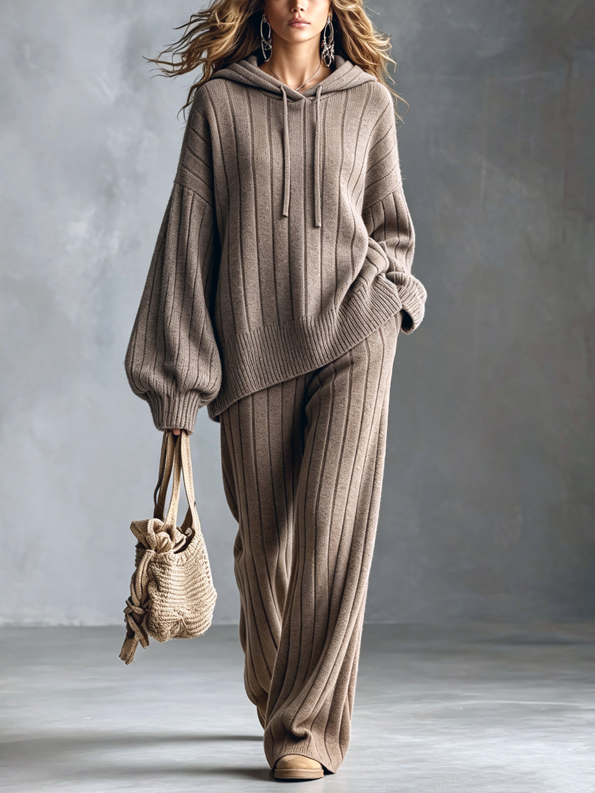 ElevenOra Chic Elegant Light Brown Hooded Long-Sleeve Oversized Sweater Elastic-Waist Wide-Leg Pants Wool Blend Ribbed Knit Two-Piece Set