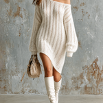 ElevenOra Chic Casual Off-White Off Shoulder Dropped-Shoulder Long-Sleeve Asymmetrical Hem Loose-Fit Openwork Knit Mini Dress