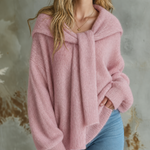 ElevenOra Chic Casual Dusty Pink Detachable Scarf Collar Dropped-Shoulder Long-Sleeve Loose-Fit Fuzzy Knit Sweater