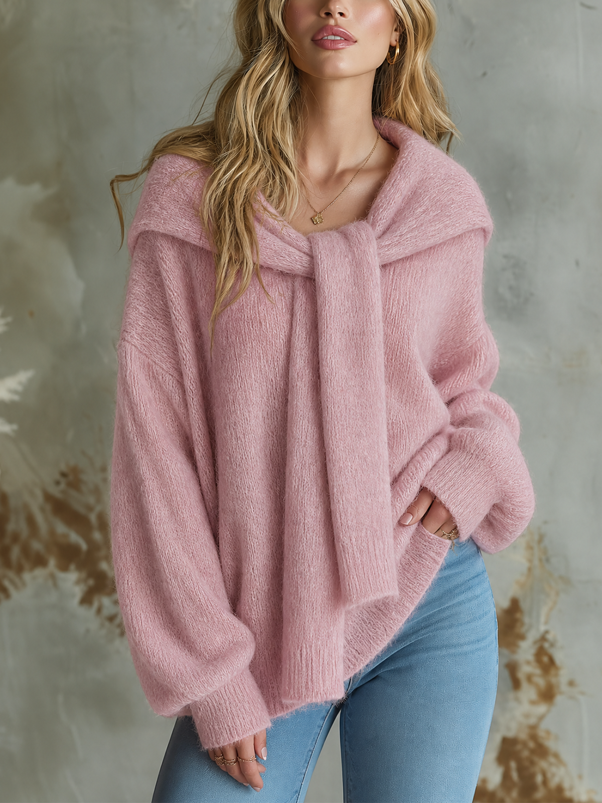 ElevenOra Chic Casual Dusty Pink Detachable Scarf Collar Dropped-Shoulder Long-Sleeve Loose-Fit Fuzzy Knit Sweater