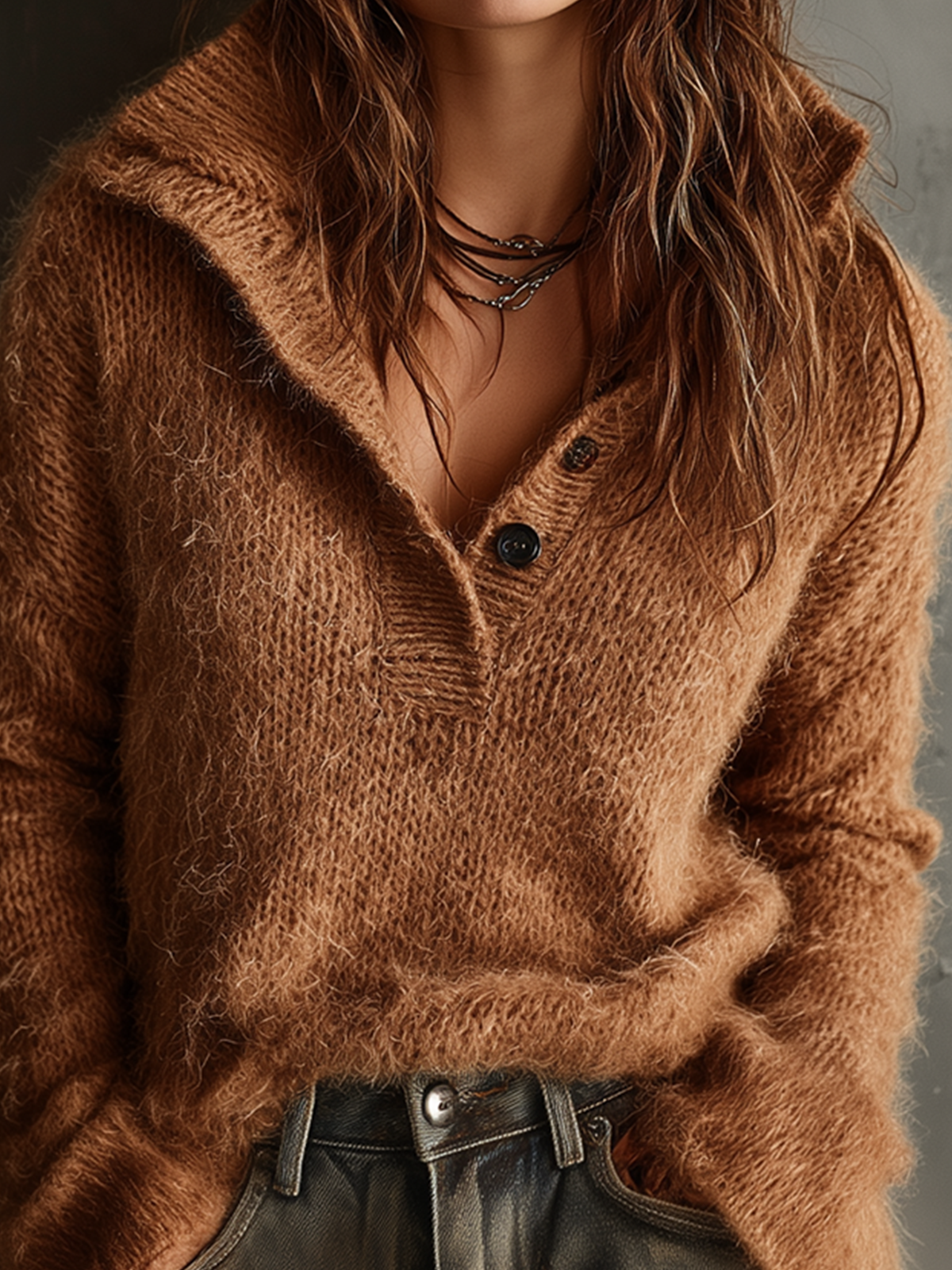 ElevenOra Chic Casual Brown Stand Collar Button-Front Flared Long-Sleeve Loose-Fit Fuzzy Knit Sweater