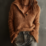 ElevenOra Chic Casual Brown Stand Collar Button-Front Flared Long-Sleeve Loose-Fit Fuzzy Knit Sweater