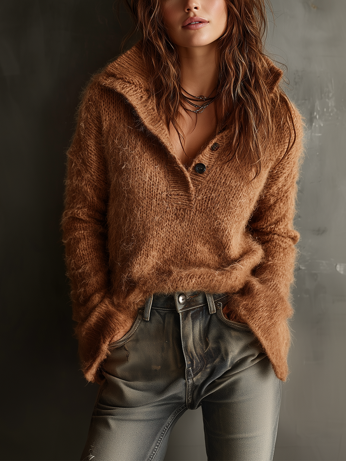 ElevenOra Chic Casual Brown Stand Collar Button-Front Flared Long-Sleeve Loose-Fit Fuzzy Knit Sweater