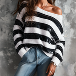 ElevenOra Chic Casual Black-White Stripes Off Shoulder Sequin Accent Dropped-Shoulder Long-Sleeve Loose-Fit Knit Sweater