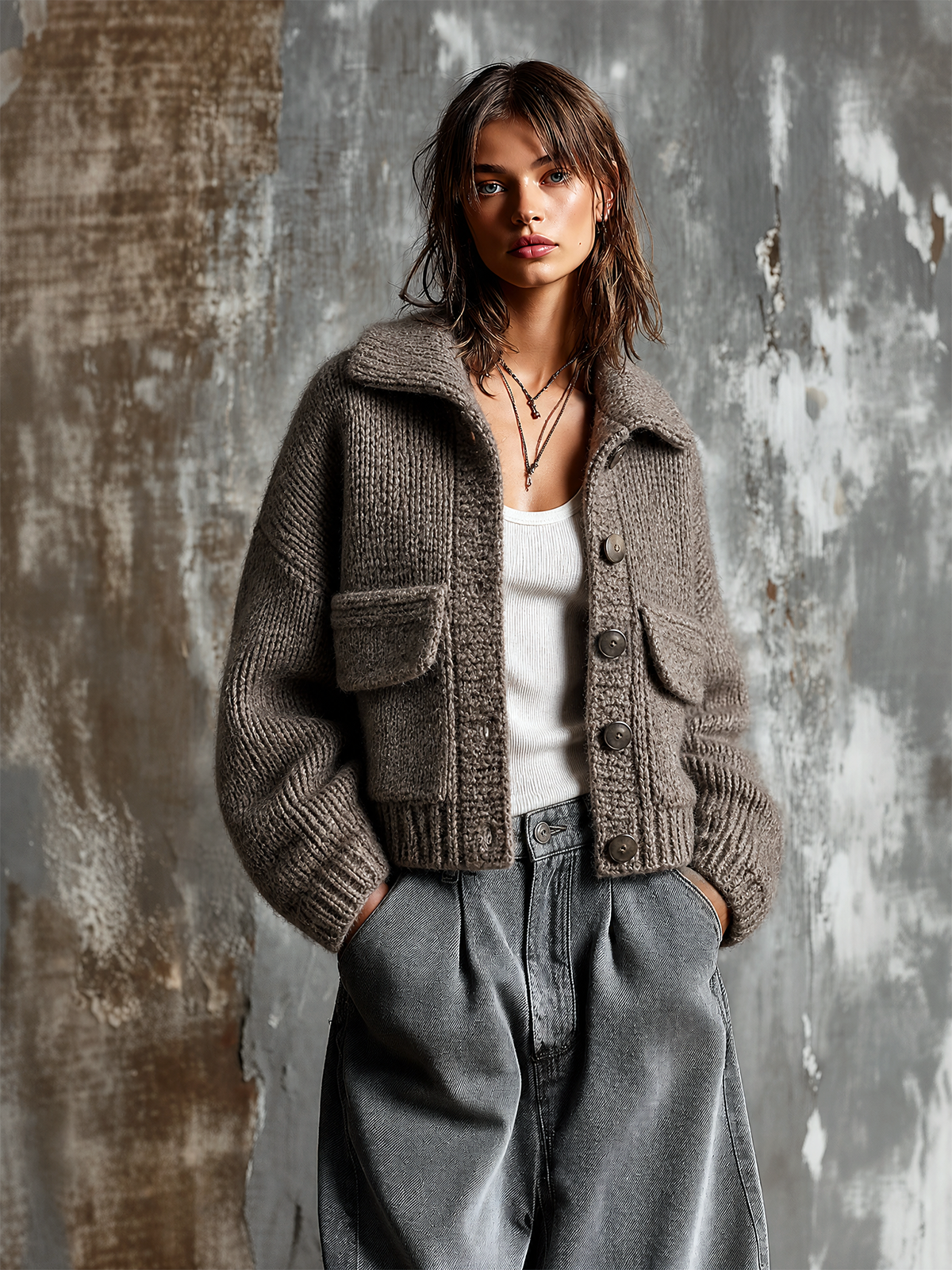 ElevenOra Chic Casual Taupe Lapel Collar Single-Breasted Patch Pocket Dropped-Shoulder Long-Sleeve Loose-Fit Knit Cardigan