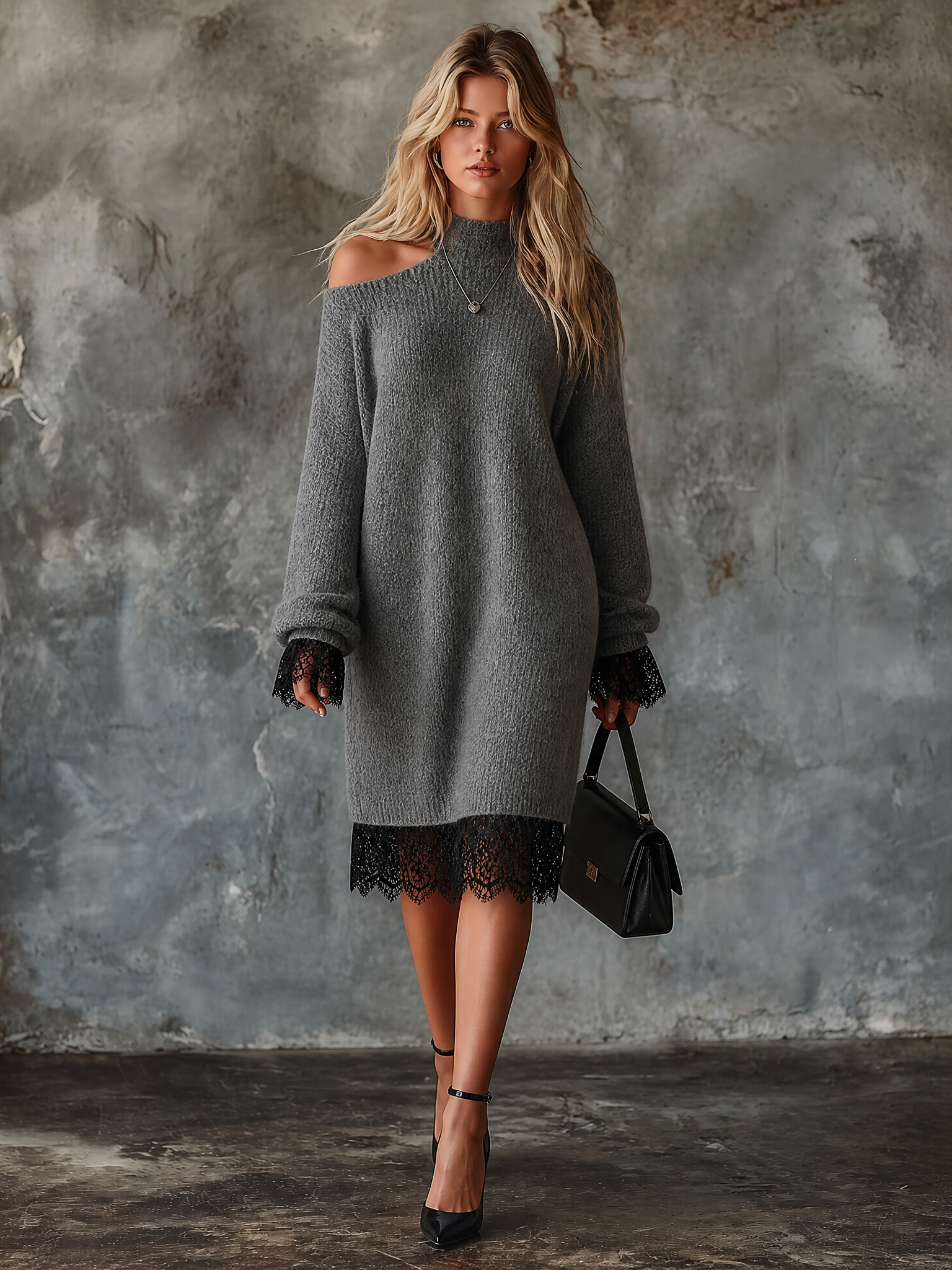 ElevenOra Chic Casual Heather Grey Mock Neck Cold Shoulder Lace Trim Long-Sleeve Loose-Fit Knit Midi Dress