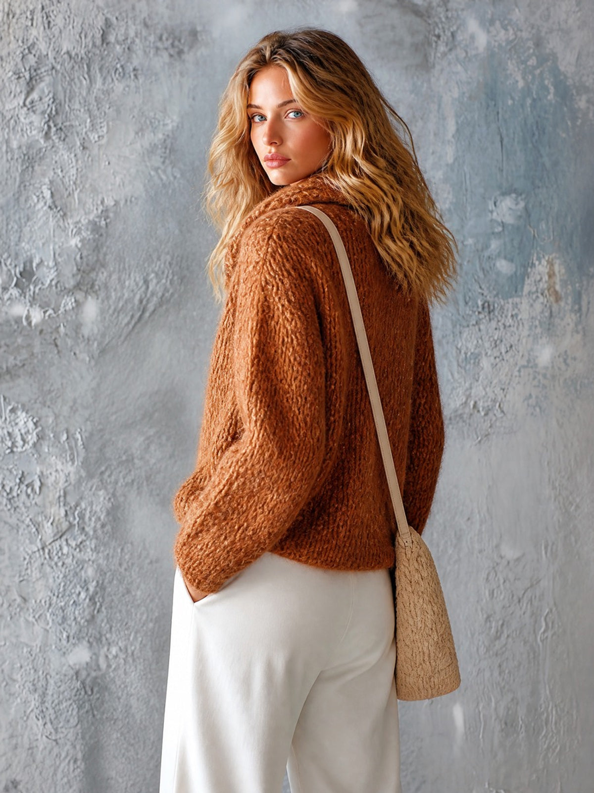 ElevenOra Chic Casual Caramel Brown Shawl-Collar Long-Sleeve Double-Breasted Loose-Fit Soft Mohair Blend Knit Cardigan