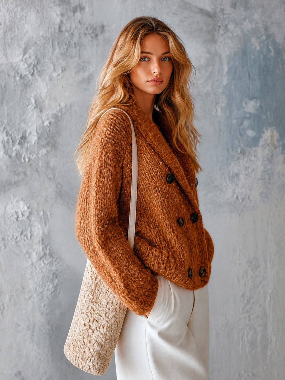 ElevenOra Chic Casual Caramel Brown Shawl-Collar Long-Sleeve Double-Breasted Loose-Fit Soft Mohair Blend Knit Cardigan