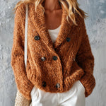 ElevenOra Chic Casual Caramel Brown Shawl-Collar Long-Sleeve Double-Breasted Loose-Fit Soft Mohair Blend Knit Cardigan