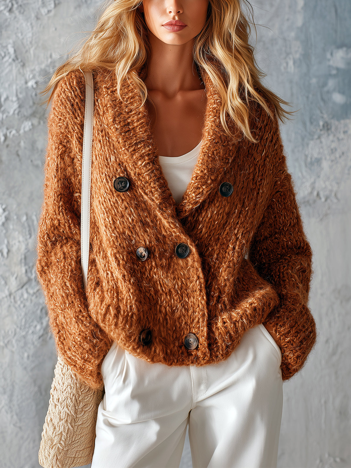 ElevenOra Chic Casual Caramel Brown Shawl-Collar Long-Sleeve Double-Breasted Loose-Fit Soft Mohair Blend Knit Cardigan