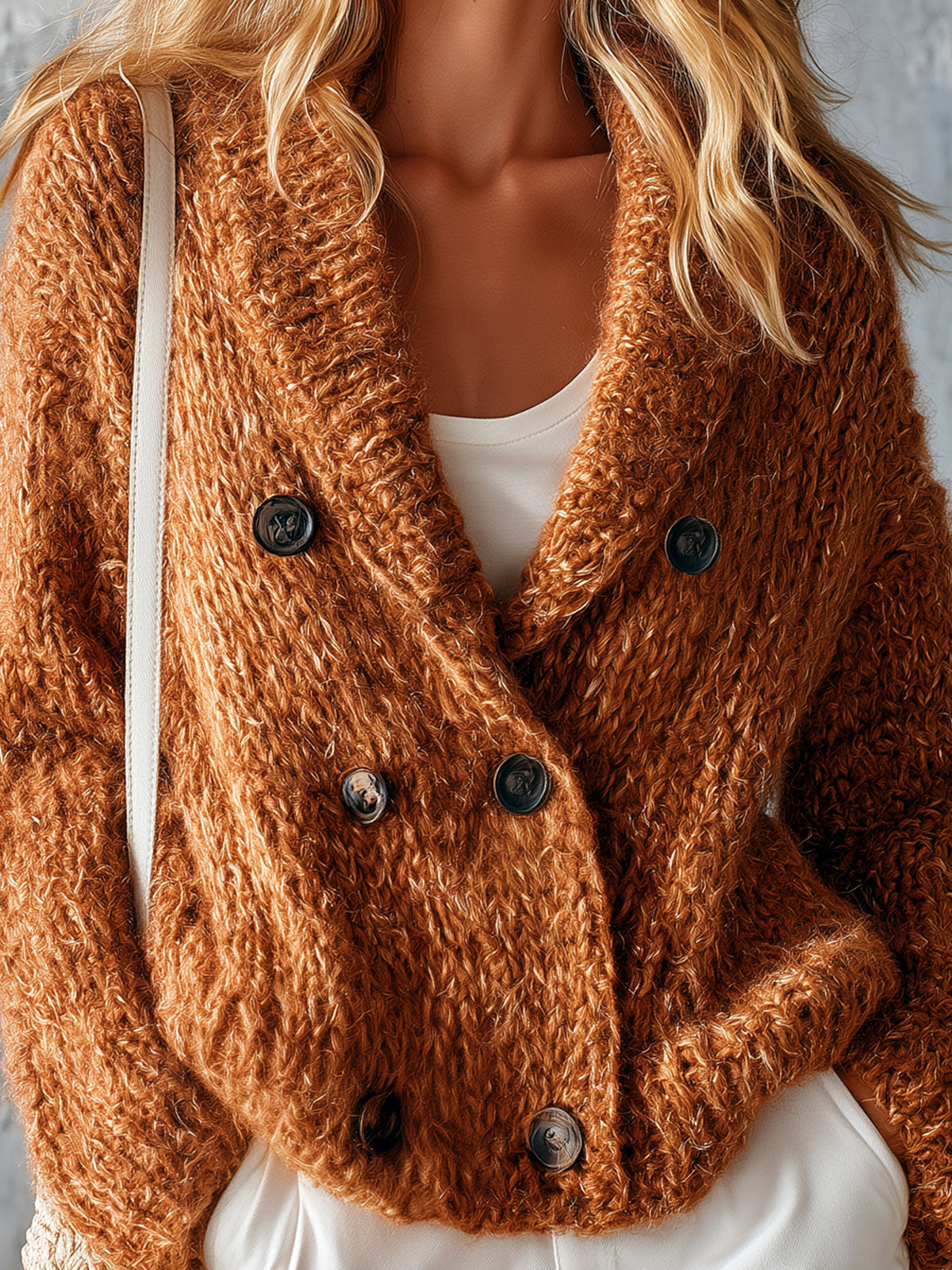 ElevenOra Chic Casual Caramel Brown Shawl-Collar Long-Sleeve Double-Breasted Loose-Fit Soft Mohair Blend Knit Cardigan