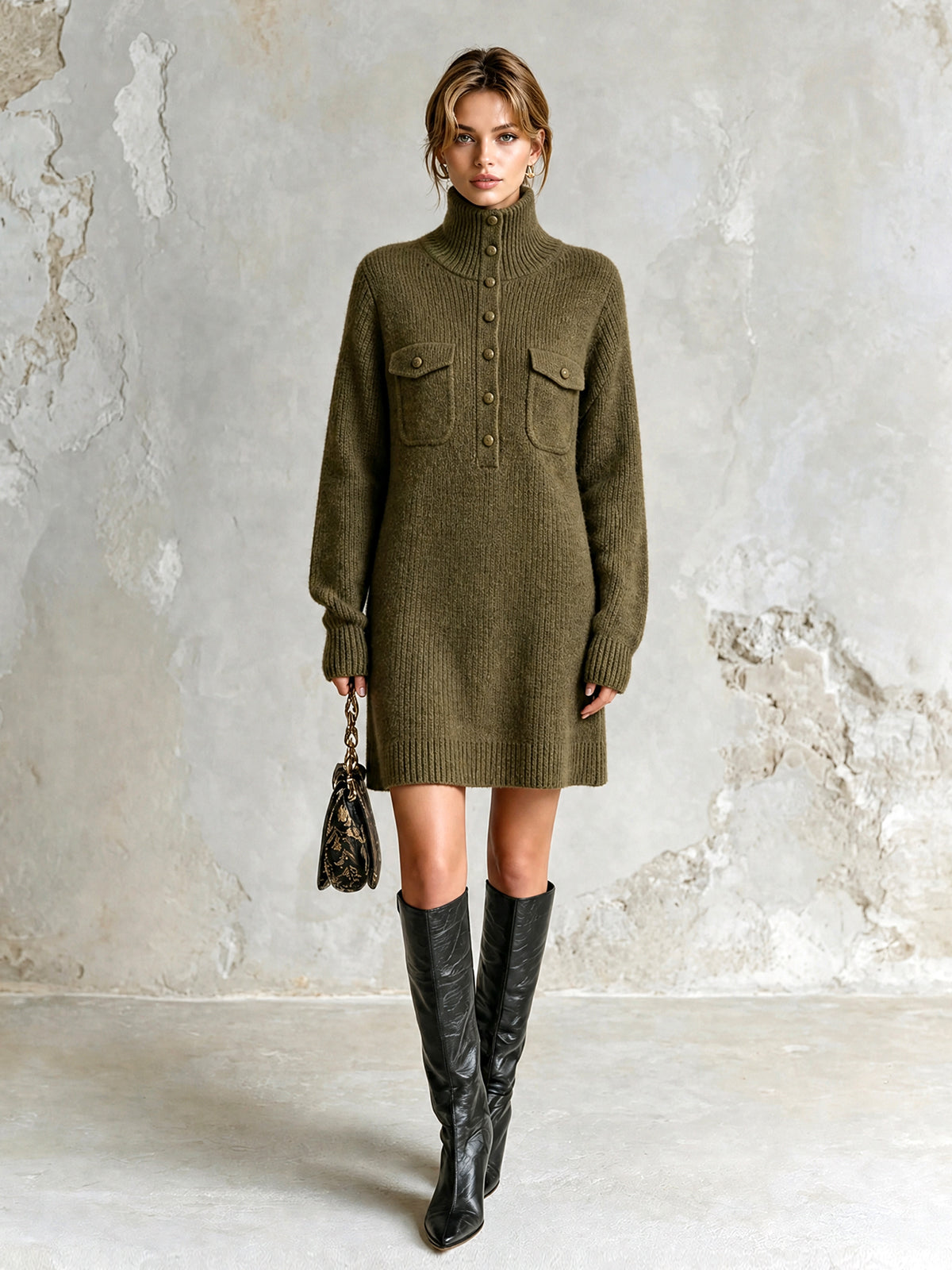 ElevenOra Chic Casual Army Green Turtleneck Button-Front Long-Sleeve Patch Pockets H-Shaped Loose-Fit Wool Blend Knit Mini Dress