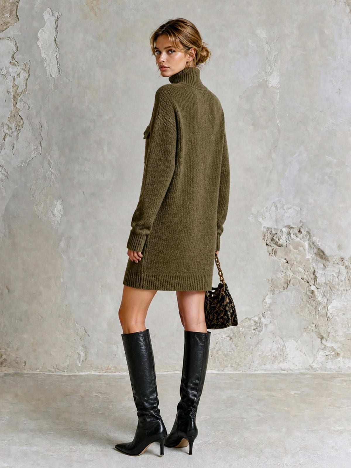 ElevenOra Chic Casual Army Green Turtleneck Button-Front Long-Sleeve Patch Pockets H-Shaped Loose-Fit Wool Blend Knit Mini Dress