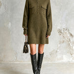 ElevenOra Chic Casual Army Green Turtleneck Button-Front Long-Sleeve Patch Pockets H-Shaped Loose-Fit Wool Blend Knit Mini Dress