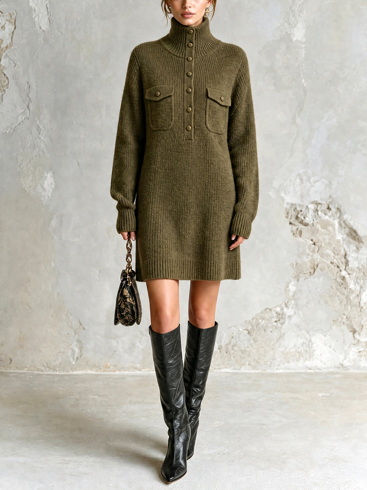 ElevenOra Chic Casual Army Green Turtleneck Button-Front Long-Sleeve Patch Pockets H-Shaped Loose-Fit Wool Blend Knit Mini Dress