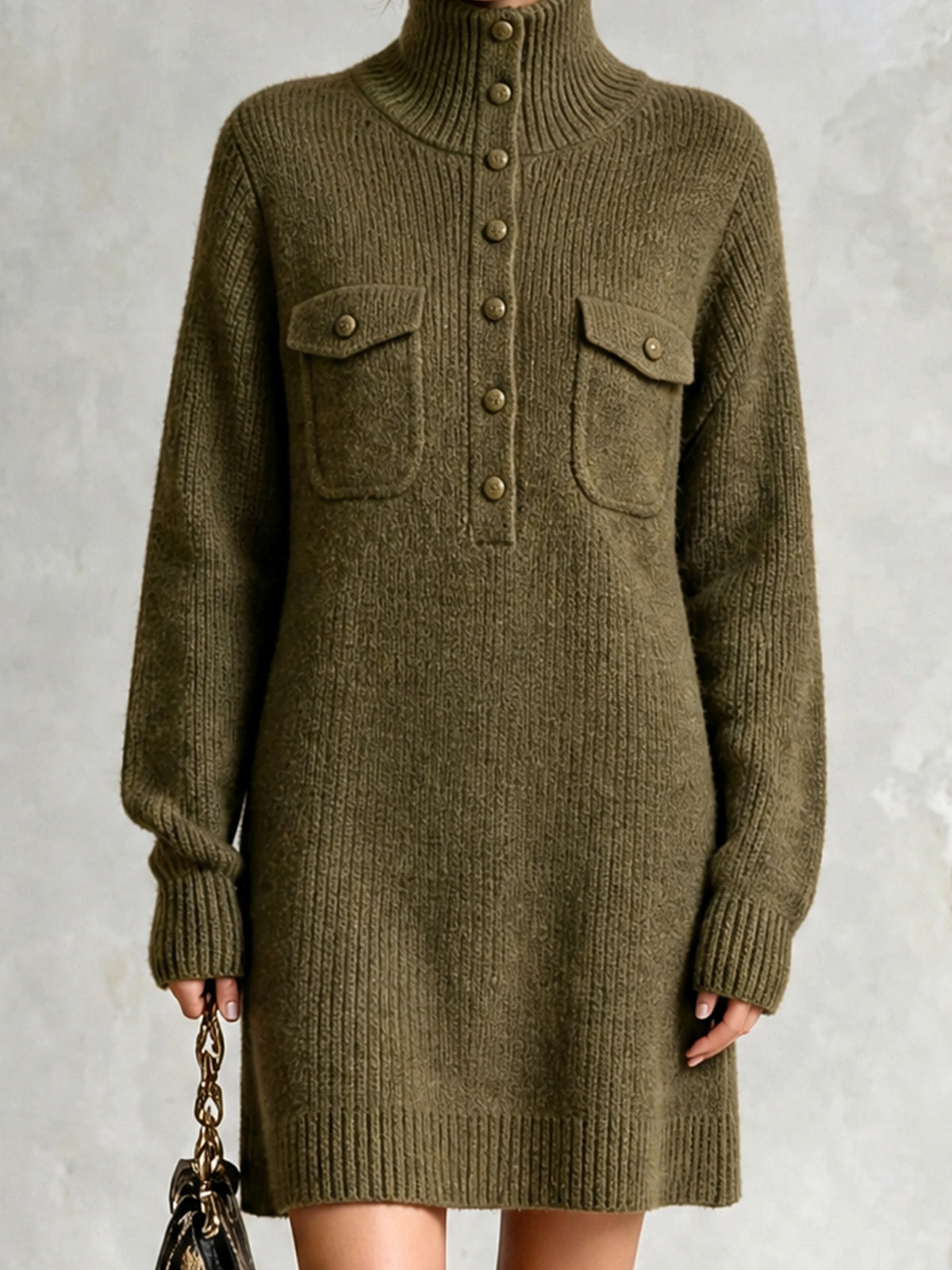 ElevenOra Chic Casual Army Green Turtleneck Button-Front Long-Sleeve Patch Pockets H-Shaped Loose-Fit Wool Blend Knit Mini Dress