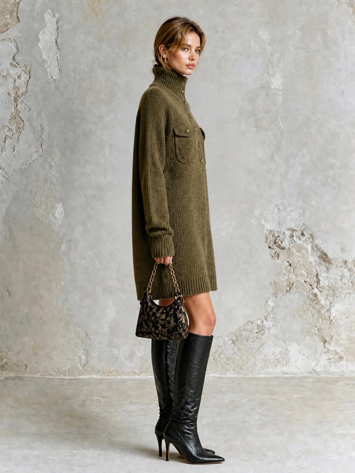 ElevenOra Chic Casual Army Green Turtleneck Button-Front Long-Sleeve Patch Pockets H-Shaped Loose-Fit Wool Blend Knit Mini Dress