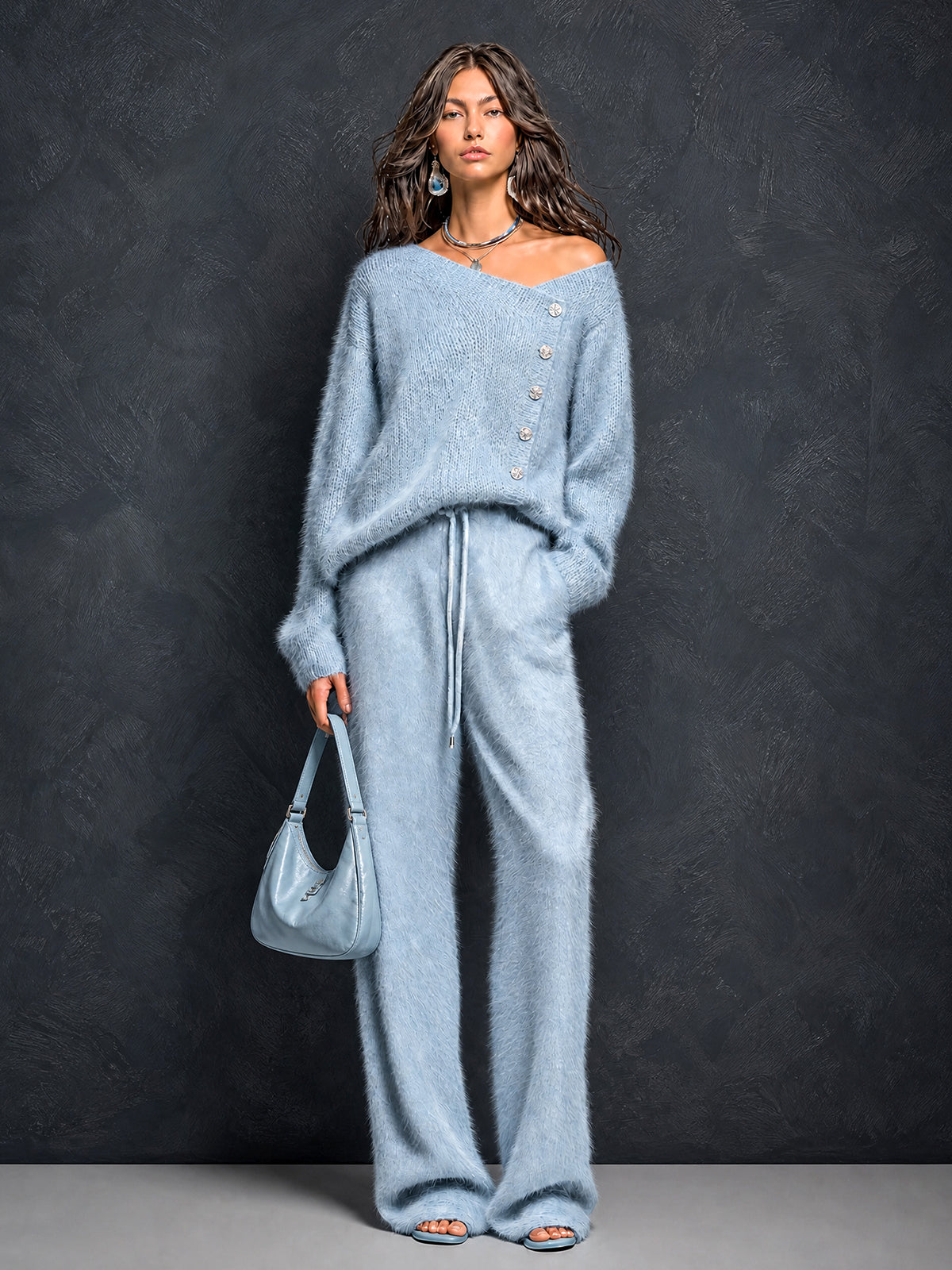 ElevenOra Chic Elegant Blue Asymmetrical Neck Button-Front Long-Sleeve Loose-Fit Sweater Drawstring-Waist Straight Pants Fuzzy Knit Two-Piece Set