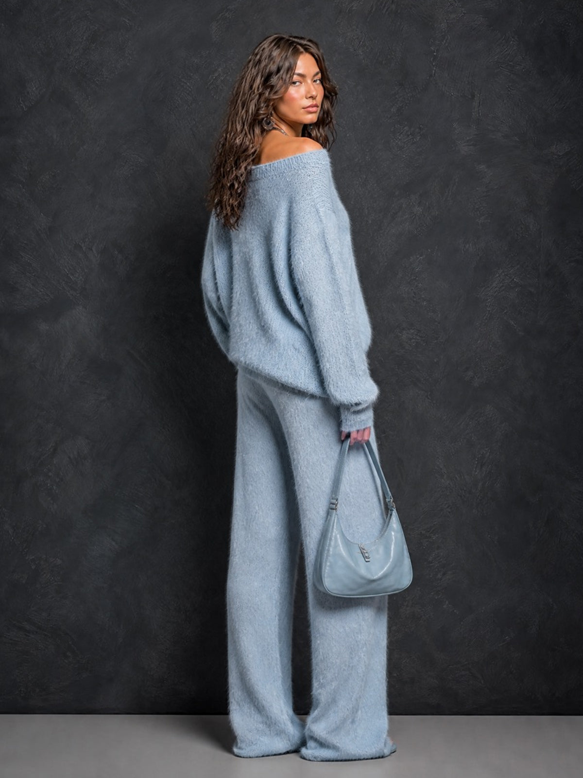 ElevenOra Chic Elegant Blue Asymmetrical Neck Button-Front Long-Sleeve Loose-Fit Sweater Drawstring-Waist Straight Pants Fuzzy Knit Two-Piece Set