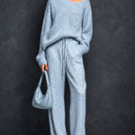 ElevenOra Chic Elegant Blue Asymmetrical Neck Button-Front Long-Sleeve Loose-Fit Sweater Drawstring-Waist Straight Pants Fuzzy Knit Two-Piece Set
